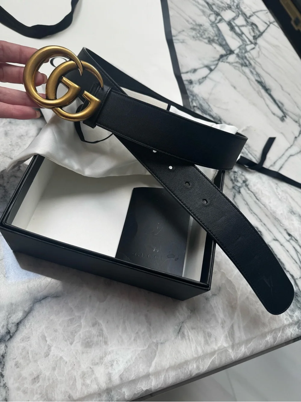 Gucci Black Leather Marmont Wide Belt with Gold Double G Logo Buckle